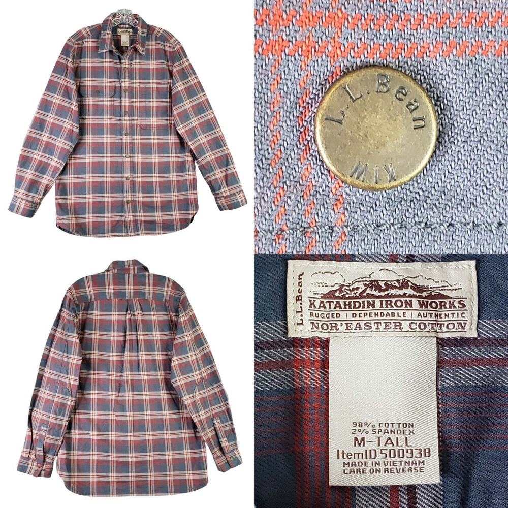LL Bean Shirt Mens Plaid Flannel Blue Red LS Button Down Size Medium Tall MT